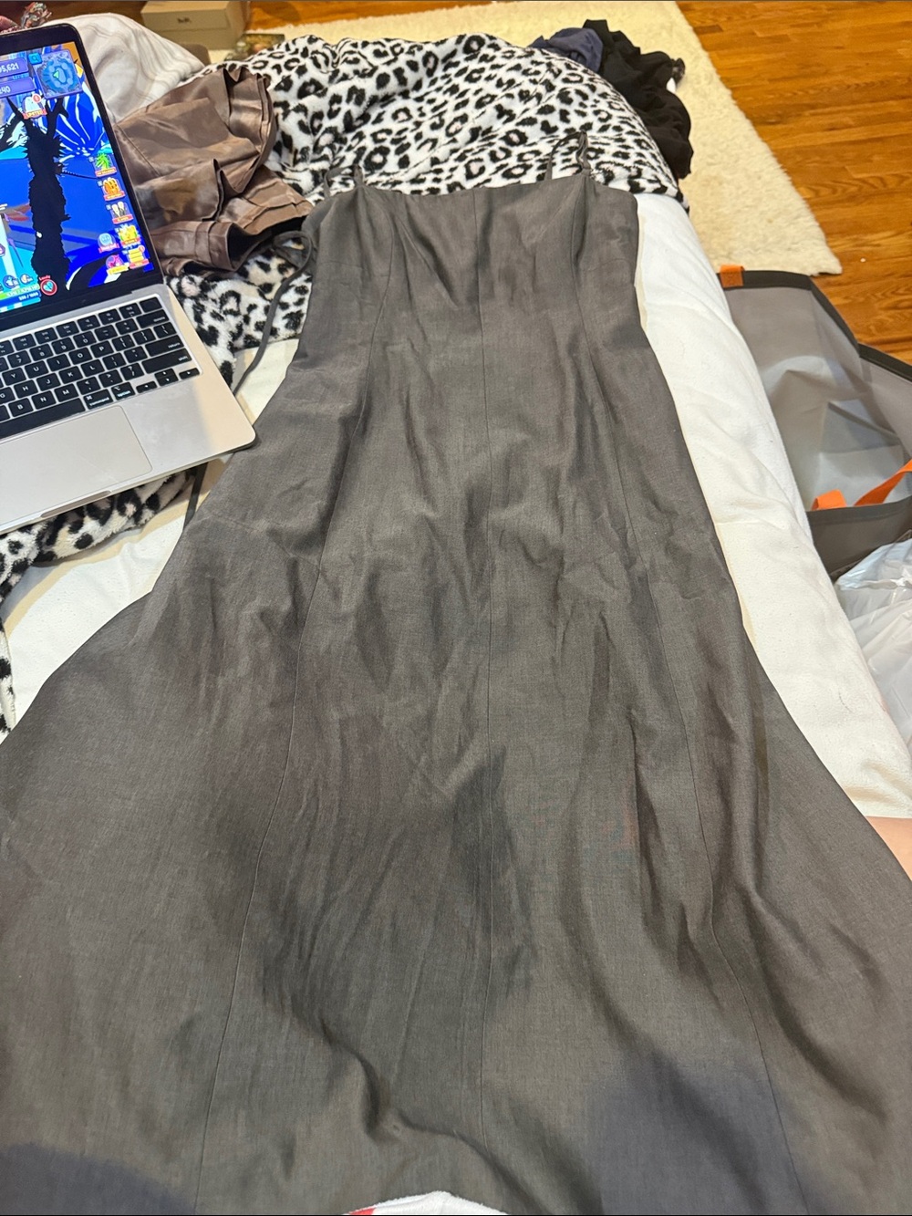 BCBG Strapless Maxi Dress in Charcoal Gray